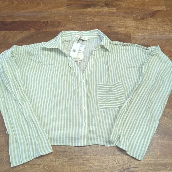 Salty Lemon Women's Blouse Top Cropped Green Striped 100% Cotton New NWT SIZE XL - Picture 1 of 8